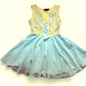 English Rose Womens Aqua Pale Yellow Embroidered Fit & Flare Dress Small EUC